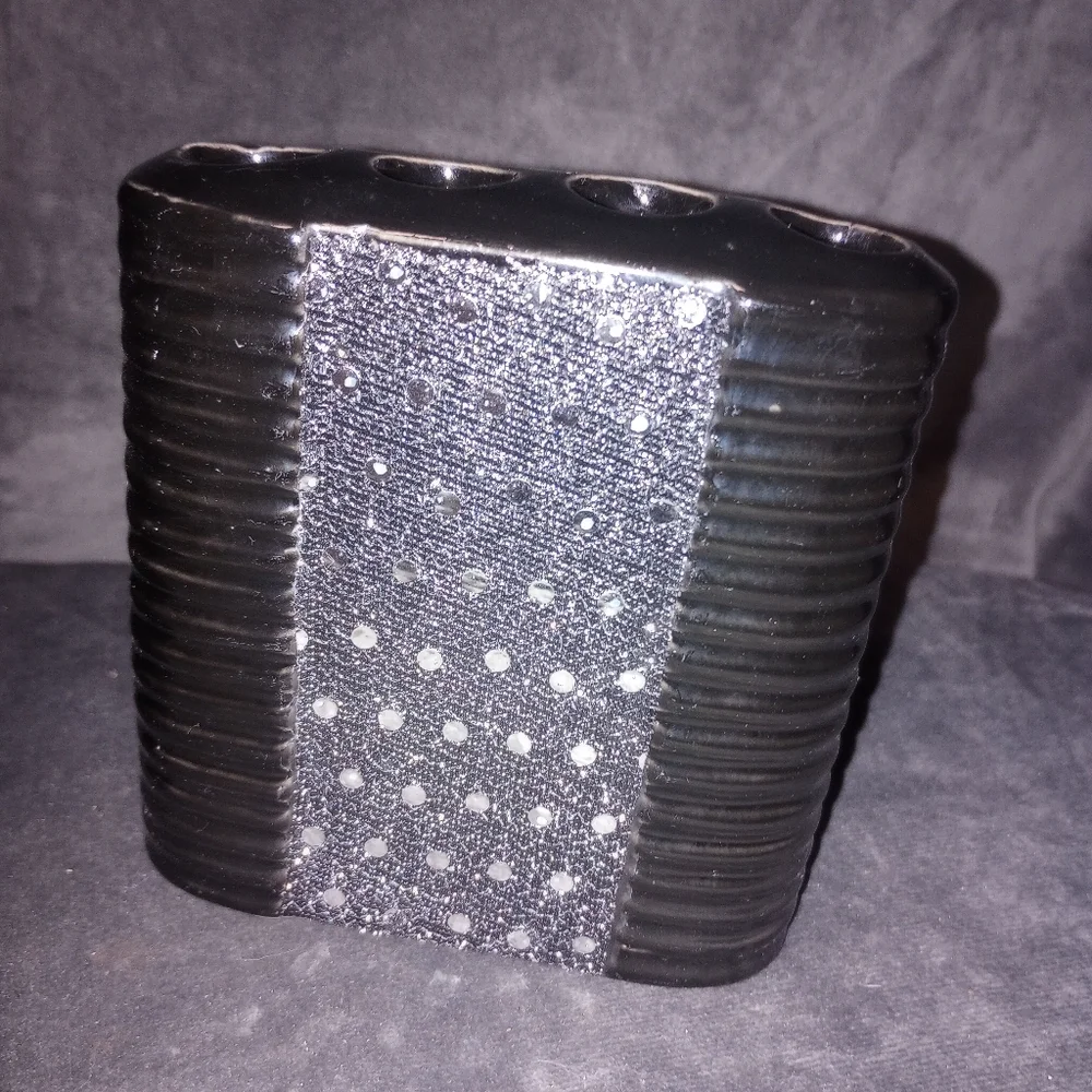 Black and Silver Sparkle Soap Dispenser and Toothbrush Holder NWOT